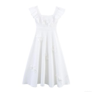 Women Elegant White Maxi Dress With 3D Handmade Flowers And Pearls Square Neck Flutter Sleeve High Waist A-Line Polyester Spandex Summer Party Wedding Long Dress