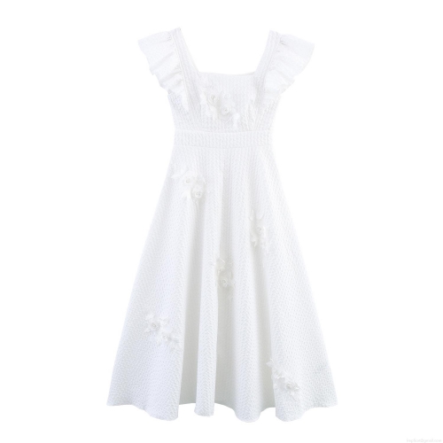 Women Elegant White Maxi Dress With 3D Handmade Flowers And Pearls Square Neck Flutter Sleeve High Waist A-Line Polyester Spandex Summer Party Wedding Long Dress