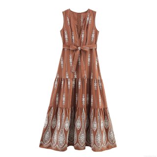 Women Bohemian Embroidered Maxi Dress Sleeveless V-Neck Waist Tie Long Dress Vintage Ethnic Style Summer Vacation Beach Dress