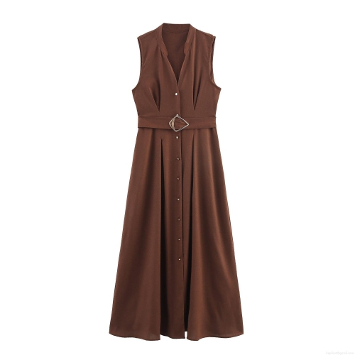 Women Sleeveless V Neck Maxi Dress Cargo Style Single Breasted Long Dress With Belt Faux Linen Polyester Casual Elegant Office Workwear Sundress For Lady
