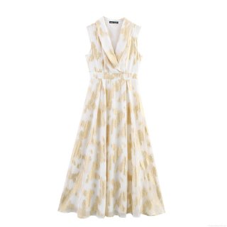 Women's Elegant V-Neck Sleeveless Maxi Dress Gold Foil Textured High Waist A-Line Long Dress For Party Evening Commuting British Style Clothes