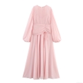 Elegant Chiffon Maxi Dress For Women Pleated Design Lantern Sleeve Round Neck Solid Pink Long Dress For Commuter Office Party Lady