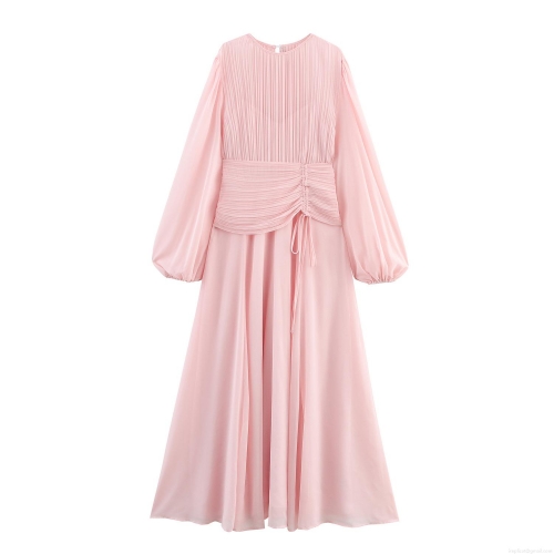 Elegant Chiffon Maxi Dress For Women Pleated Design Lantern Sleeve Round Neck Solid Pink Long Dress For Commuter Office Party Lady