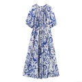 Women's Elegant Resort Style Maxi Dress With Puff Sleeves Round Neck Loose Fit Tie-Waist Blue White Tie-Dye Print Bohemian Summer Beach Pullover Dress