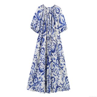 Women's Elegant Resort Style Maxi Dress With Puff Sleeves Round Neck Loose Fit Tie-Waist Blue White Tie-Dye Print Bohemian Summer Beach Pullover Dress