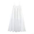 Women Sexy White 3D Floral Applique Maxi Dress Elegant Lace Spaghetti Strap Sleeveless Loose Pleated Chiffon Long Dress For Vacation Beach Party Summer