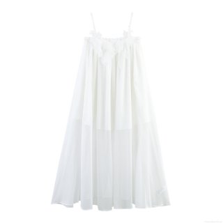 Women Sexy White 3D Floral Applique Maxi Dress Elegant Lace Spaghetti Strap Sleeveless Loose Pleated Chiffon Long Dress For Vacation Beach Party Summer