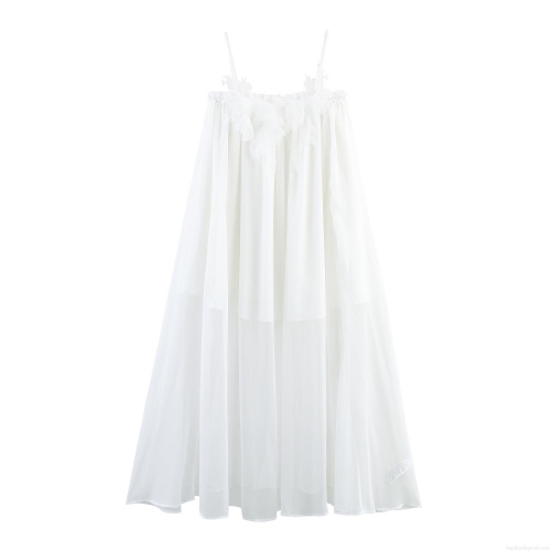 Women Sexy White 3D Floral Applique Maxi Dress Elegant Lace Spaghetti Strap Sleeveless Loose Pleated Chiffon Long Dress For Vacation Beach Party Summer