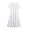 French Elegant White Lace Maxi Dress Vintage Round Neck Embroidery Long Sleeve Loose Dress For Women Party Dating Daily
