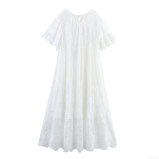 French Elegant White Lace Maxi Dress Vintage Round Neck Embroidery Long Sleeve Loose Dress For Women Party Dating Daily