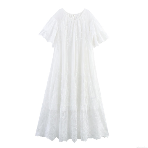 French Elegant White Lace Maxi Dress Vintage Round Neck Embroidery Long Sleeve Loose Dress For Women Party Dating Daily
