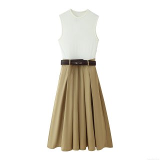 Women's Elegant Patchwork Sleeveless Maxi Dress With Belt Round Neck Pleated High Waist Splicing Long Dress For Office Lady Commuting Summer