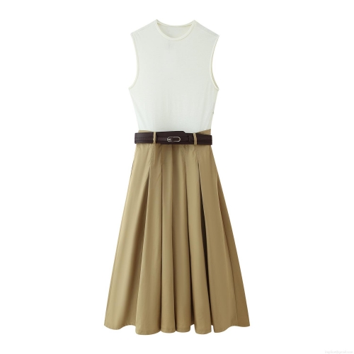 Women's Elegant Patchwork Sleeveless Maxi Dress With Belt Round Neck Pleated High Waist Splicing Long Dress For Office Lady Commuting Summer