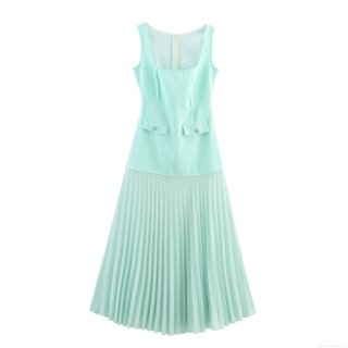 Women Elegant Mint Green Tweed Maxi Dress Sleeveless Square Neck Pleated Hem High Waist Splicing Long Dress For Party Evening Date Office Lady
