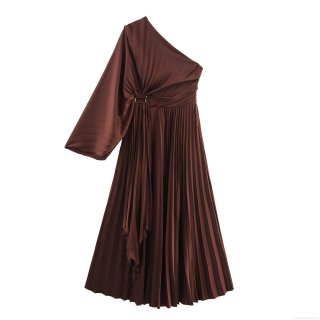 Women's Elegant One-Shoulder Pleated Maxi Dress Asymmetric Long Sleeve High Waist Party Dress Deep Brown Solid Color Polyester Metal Buckle