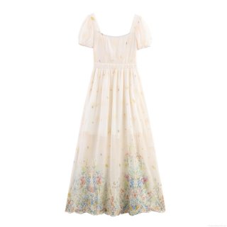 Women's French Style Floral Embroidery Maxi Dress Elegant Square Neck Puff Sleeve Summer Chiffon Long Dress Party Beach Wedding Guest Dress