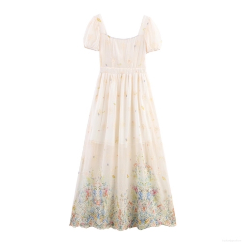 Women's French Style Floral Embroidery Maxi Dress Elegant Square Neck Puff Sleeve Summer Chiffon Long Dress Party Beach Wedding Guest Dress