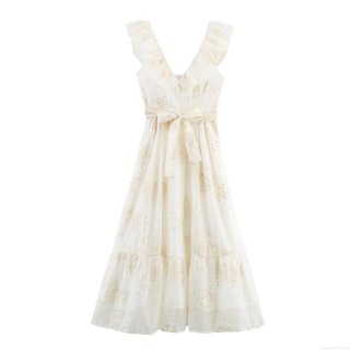 Elegant French Style V-Neck Sequin Tulle Dress Women Sleeveless Ruffle Embroidery Waist Tie Maxi Dress For Party Wedding Event