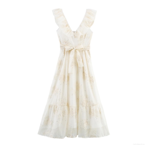 Elegant French Style V-Neck Sequin Tulle Dress Women Sleeveless Ruffle Embroidery Waist Tie Maxi Dress For Party Wedding Event