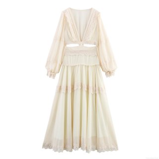 French Elegant V-Neck Maxi Dress Lace Stitching Cut-Out Waist Tiered Chiffon Long Dress For Women Vacation Party Sexy Bohemian Style Gown