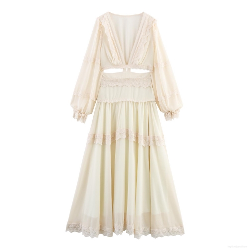 French Elegant V-Neck Maxi Dress Lace Stitching Cut-Out Waist Tiered Chiffon Long Dress For Women Vacation Party Sexy Bohemian Style Gown