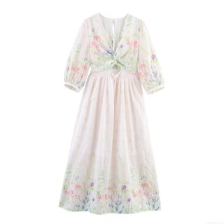 French Sweet Embroidered Maxi Dress V-Neck Knot Hollow Out Polyester Floral Print A-Line Long Dress For Women Summer Vacation Party Elegant Style