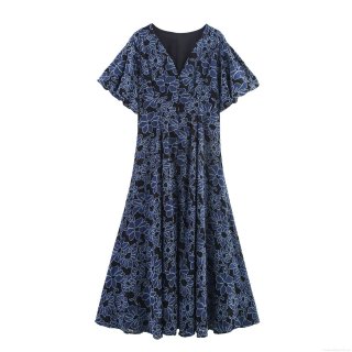 Women's Elegant V-Neck Bubble Short Sleeve Maxi Dress Polyester Denim Patchwork Lace Hollow Out Embroidered High Waist A-Line Long Dress For Party Daily Women