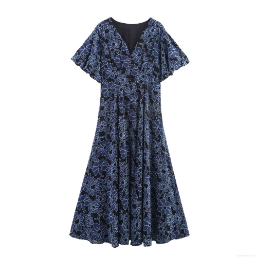 Women's Elegant V-Neck Bubble Short Sleeve Maxi Dress Polyester Denim Patchwork Lace Hollow Out Embroidered High Waist A-Line Long Dress For Party Daily Women