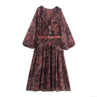 Women Bohemian Paisley Print Maxi Dress Elegant V Neck Ruffle Long Lantern Sleeve Chiffon Feel Dress With Leather Belt Casual Flowy A Line Long Dress For Vacation Party
