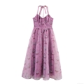 Sweet Girl Style Floral Angel Print Organza Halter Maxi Dress With Shirred Back High Waist Elegant Polyester Chiffon Summer Sundress For Women