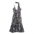 Women's Chiffon Maxi Dress Deep V Neck Sleeveless Ruffle Tiered Leaf Print Resort Party Long Sundress With Neck Tie Summer Vacation Elegant Sexy Backless