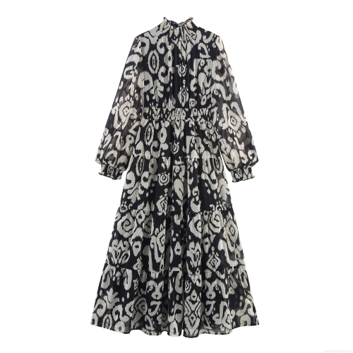 Women's Abstract Print Chiffon Maxi Dress Polyester Lurex Gold Thread Smocked Waist High Neck Ruffle Vacation Long Sleeve Tiered Dress