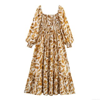 Women's Smocked Square Neck Maxi Dress Floral Leaf Print Puff Sleeve Bohemian Vacation Long Dress With Tiered Hem Elegant Smocking Bodice Flowy Beach Party Dress