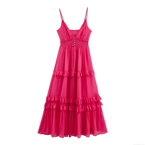 Women's Summer Sweet French Style Chiffon Maxi Dress Spaghetti Strap V-Neck Ruffle Tiered Beach Holiday Smocked High Waist Dress With Decorative Pearl Buttons
