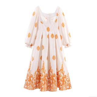 Bohemian Sweet Square Neck Puff Sleeve Embroidered Maxi Dress Women Elegant Floral Paisley Printed Hollow Out Long Sleeve White Dress For Vacation Party