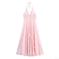 Women Elegant Pink Mesh Maxi Dress With 3D Flowers Halter Neck Backless Beaded Long Dress For Party Wedding Event Summer Sweet Lady