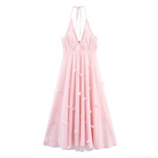 Women Elegant Pink Mesh Maxi Dress With 3D Flowers Halter Neck Backless Beaded Long Dress For Party Wedding Event Summer Sweet Lady