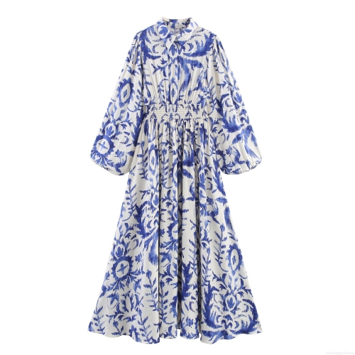 Women's Blue White Abstract Print Smocked Waist Maxi Dress Long Lantern Sleeve Lapel Collar Button Front Polyester Long Dress For Vacation