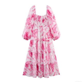 Women Square Neck Smocked Floral Print Maxi Dress Chiffon Tiered Ruffle Long Sleeve Boho A-Line Dress For Summer Vacation Party