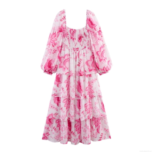Women Square Neck Smocked Floral Print Maxi Dress Chiffon Tiered Ruffle Long Sleeve Boho A-Line Dress For Summer Vacation Party