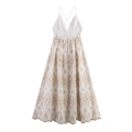 Bohemian Embroidered Maxi Dress Backless V-Neck Camisole Resort Style White Polyester Cotton Blend Long Dress for Women Summer Vacation Party