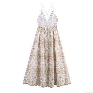 Bohemian Embroidered Maxi Dress Backless V-Neck Camisole Resort Style White Polyester Cotton Blend Long Dress for Women Summer Vacation Party