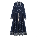 Elegant Women Embroidery Lapel Maxi Dress Boho Long Sleeve Shirt Dress With Tassel Woven Belt Deep Blue Floral Print Vacation Holiday Retro Gown