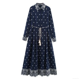 Elegant Women Embroidery Lapel Maxi Dress Boho Long Sleeve Shirt Dress With Tassel Woven Belt Deep Blue Floral Print Vacation Holiday Retro Gown