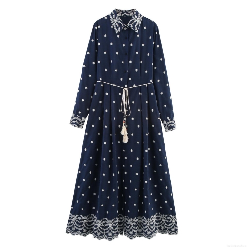 Elegant Women Embroidery Lapel Maxi Dress Boho Long Sleeve Shirt Dress With Tassel Woven Belt Deep Blue Floral Print Vacation Holiday Retro Gown