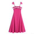 Women's Sexy Hot Pink Slip Dress With White Lace Ruffle Trim Silver Sequins Polyester Chiffon Slim Fit High Waist Maxi Dress For Summer Party