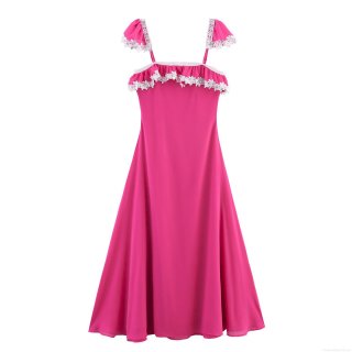 Women's Sexy Hot Pink Slip Dress With White Lace Ruffle Trim Silver Sequins Polyester Chiffon Slim Fit High Waist Maxi Dress For Summer Party