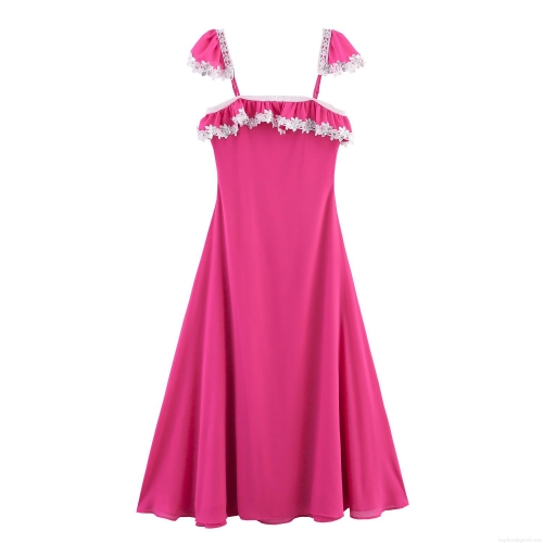 Women's Sexy Hot Pink Slip Dress With White Lace Ruffle Trim Silver Sequins Polyester Chiffon Slim Fit High Waist Maxi Dress For Summer Party