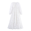 Women French Sweet V-Neck Lace Splicing Maxi Dress Elegant High Waist Lantern Sleeve Mesh Tiered Cake Long Dress White Polyester Formal Party Evening Gown