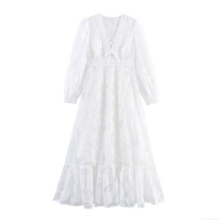 Women French Sweet V-Neck Lace Splicing Maxi Dress Elegant High Waist Lantern Sleeve Mesh Tiered Cake Long Dress White Polyester Formal Party Evening Gown